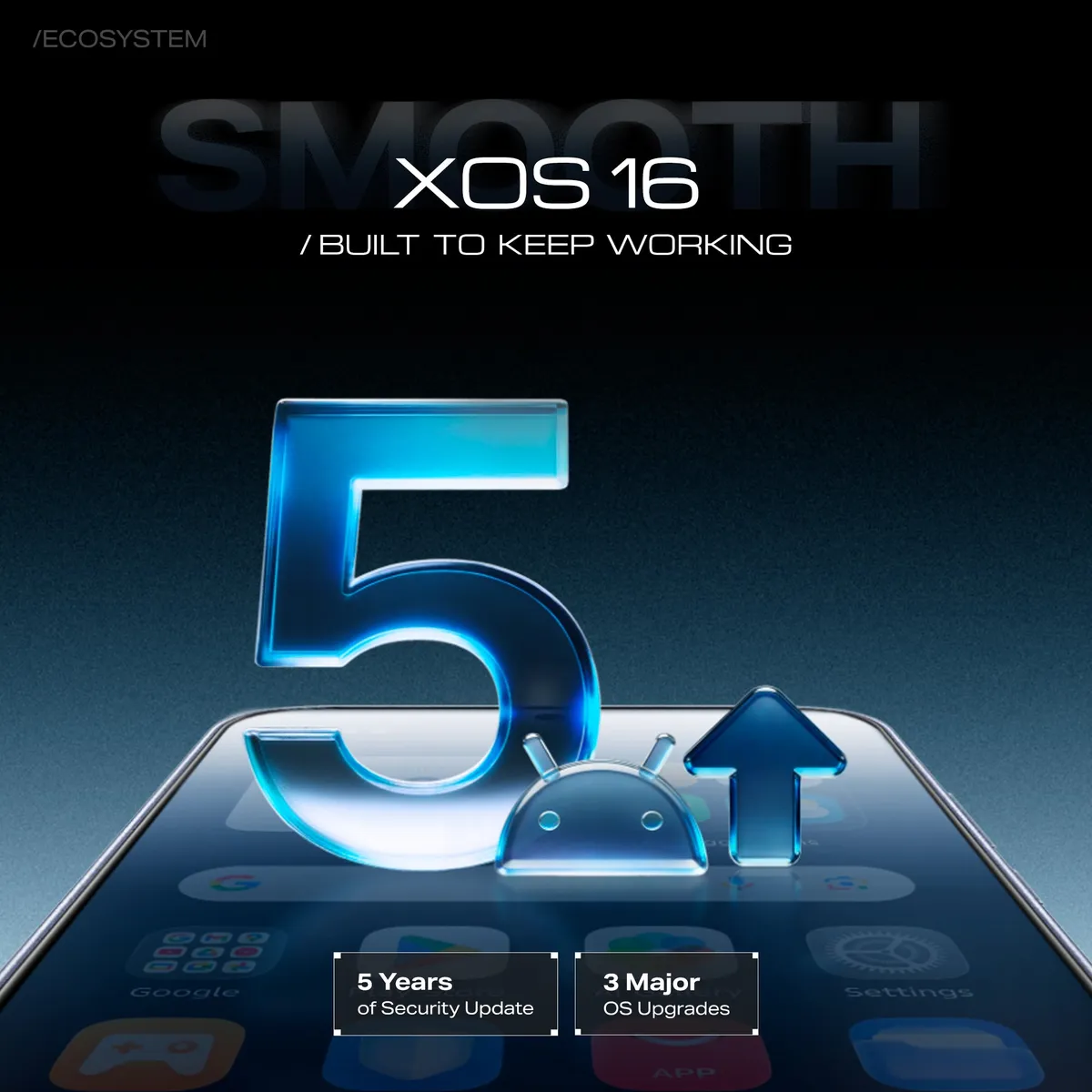 Infinix GT 50 Pro XOS 16 graphic showing 5 years of security updates and 3 major OS upgrades